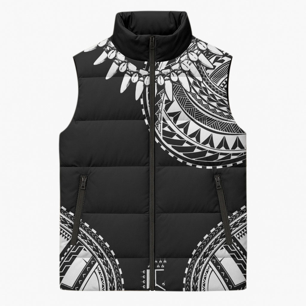 Polynesian Chief Inspired Costume Sleeveless Puffer Jacket Tribal Pattern With Tooth Necklace Black