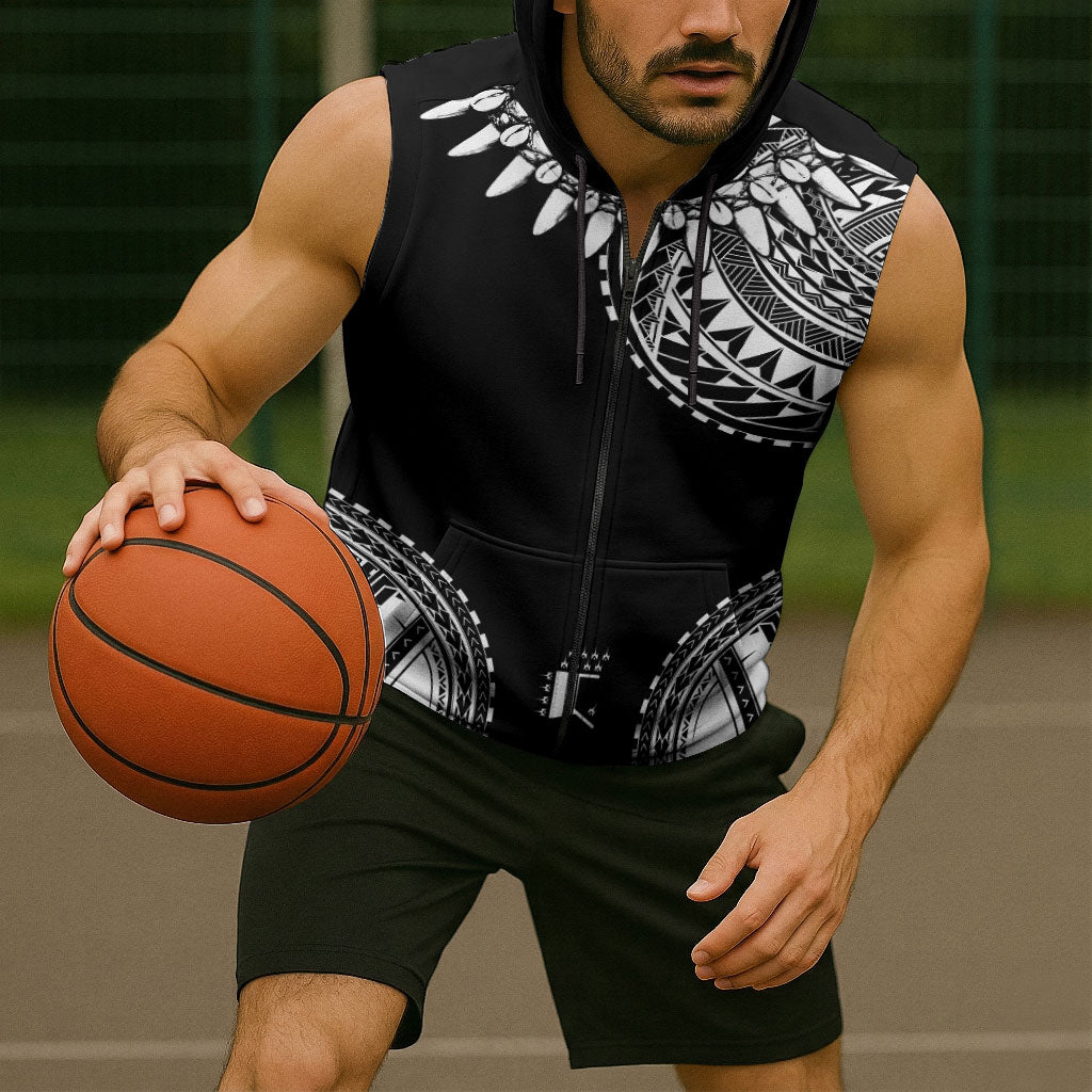 Polynesian Chief Inspired Costume Sleeveless Zip Hoodie Tribal Pattern With Tooth Necklace Black