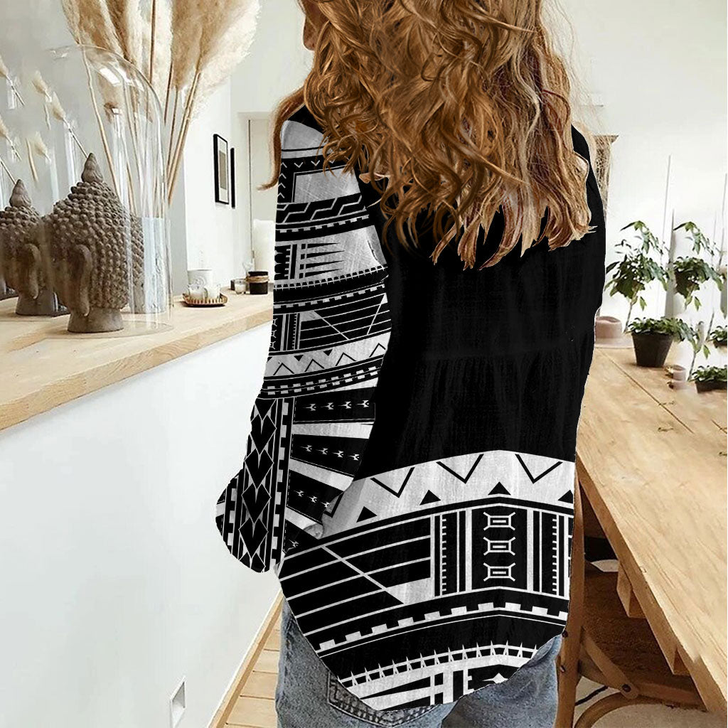Polynesian Chief Inspired Costume Women Casual Shirt Tribal Pattern With Tooth Necklace Black