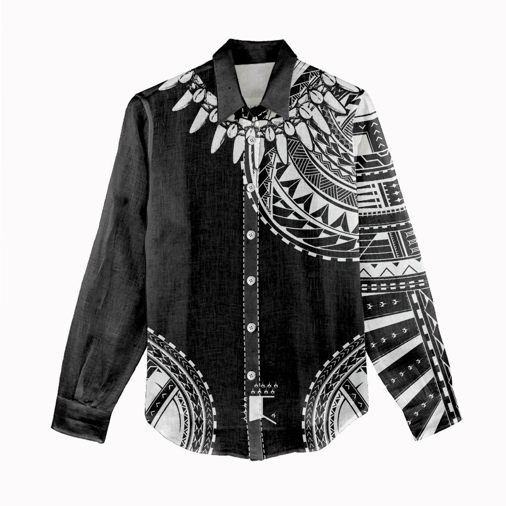 Polynesian Chief Inspired Costume Women Casual Shirt Tribal Pattern With Tooth Necklace Black