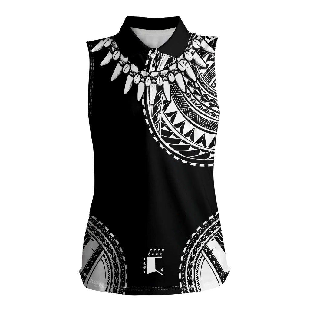 Polynesian Chief Inspired Costume Women Sleeveless Polo Shirt Tribal Pattern With Tooth Necklace Black