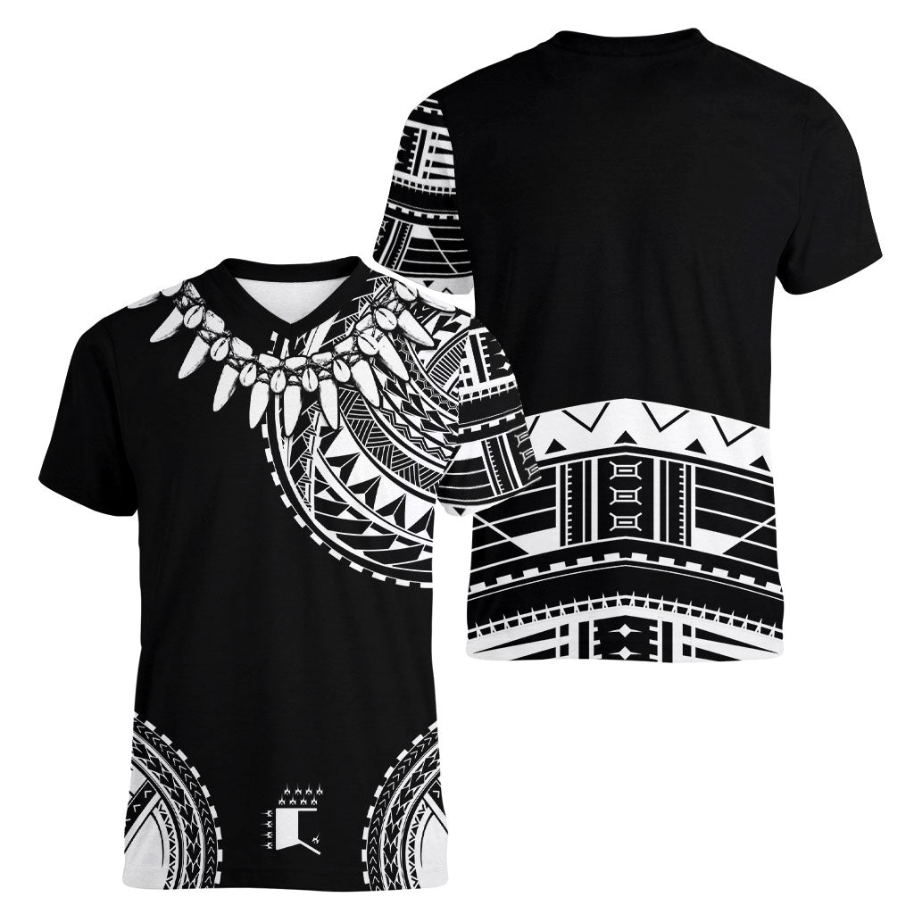 Polynesian Chief Inspired Costume Women V-Neck T-Shirt Tribal Pattern With Tooth Necklace Black