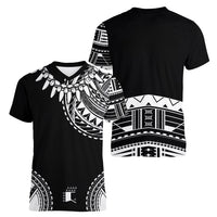 Polynesian Chief Inspired Costume Women V-Neck T-Shirt Tribal Pattern With Tooth Necklace Black