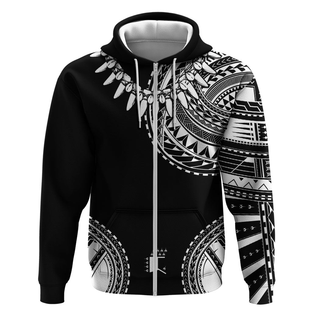 Polynesian Chief Inspired Costume Zip Hoodie Tribal Pattern With Tooth Necklace Black