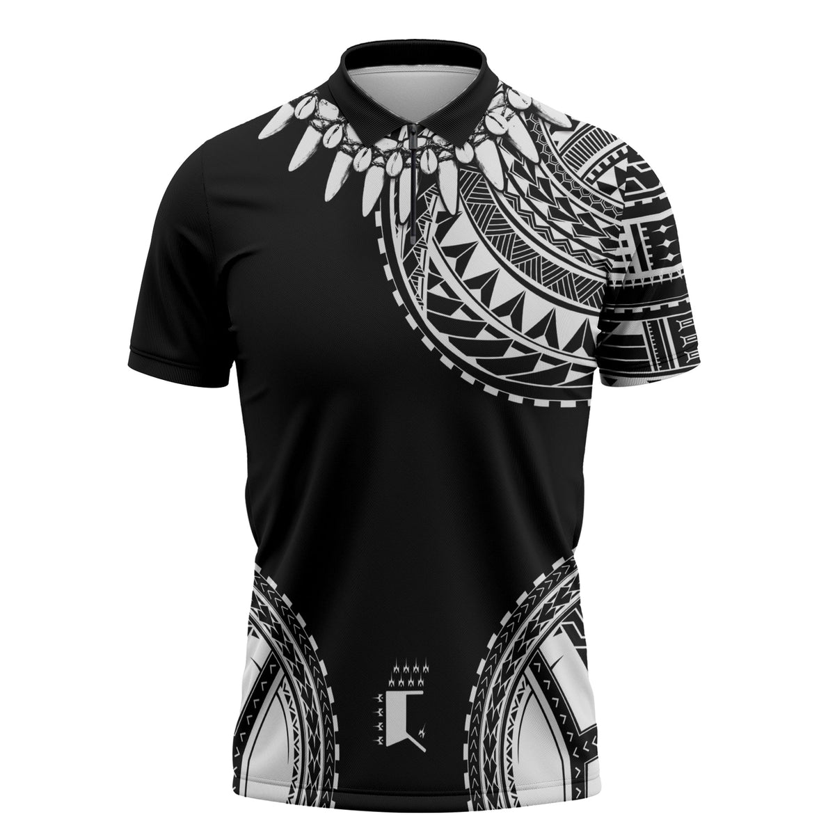 Polynesian Chief Inspired Costume Zipper Polo Shirt Tribal Pattern With Tooth Necklace Black