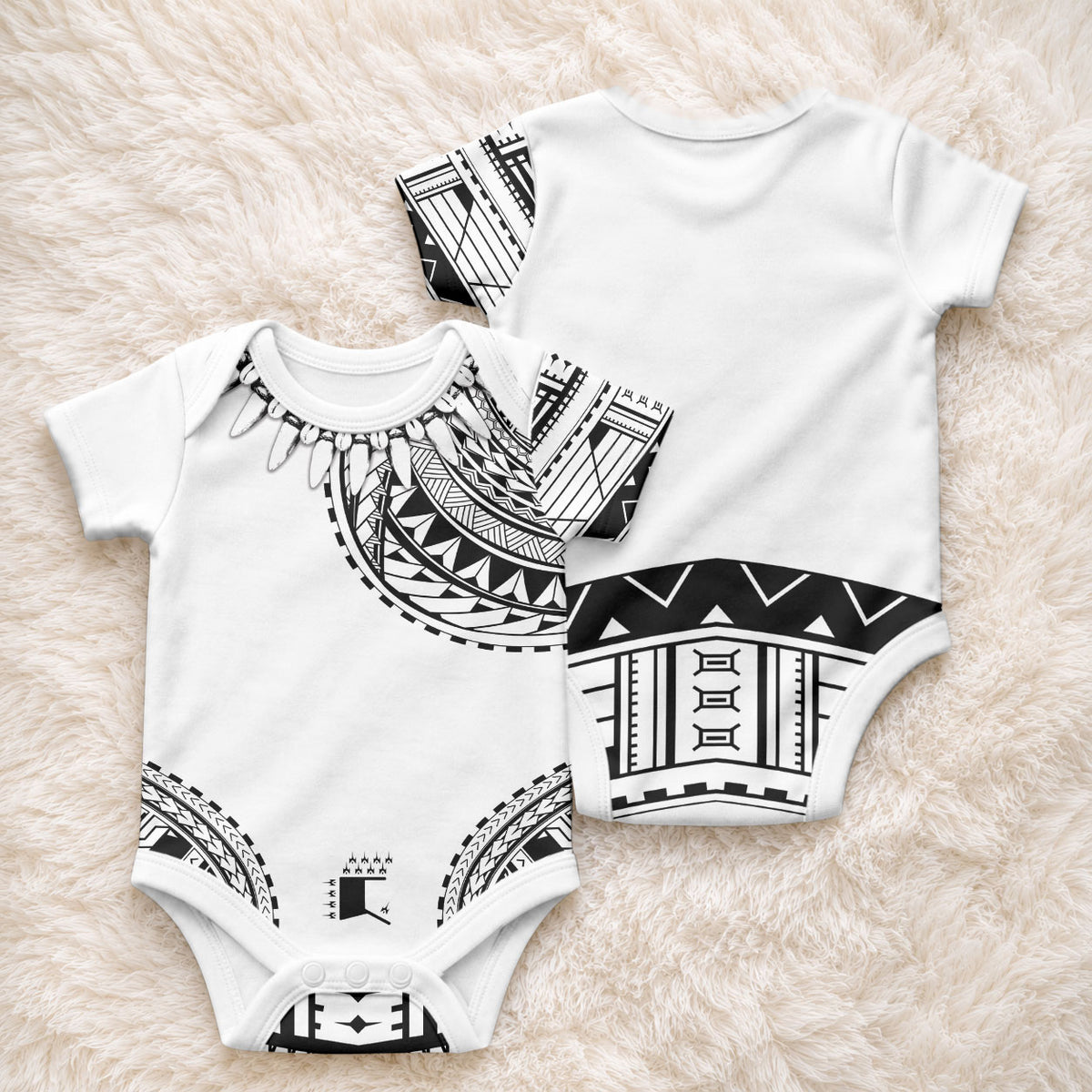 Polynesian Chief Inspired Costume Baby Onesie Tribal Pattern With Tooth Necklace White