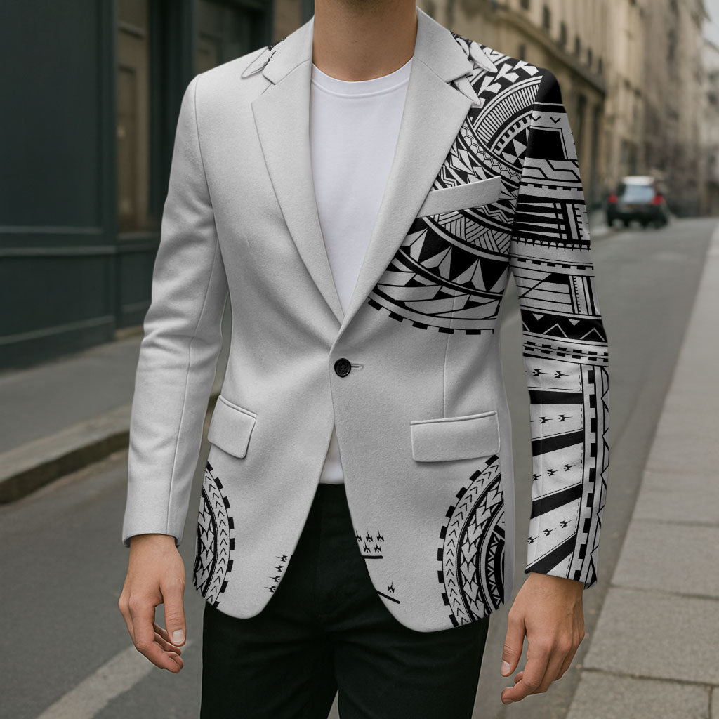 Polynesian Chief Inspired Costume Blazer Tribal Pattern With Tooth Necklace White