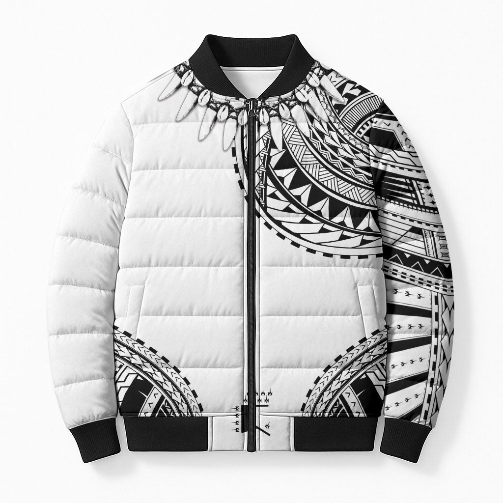 Polynesian Chief Inspired Costume Bomber Puffer Jacket Tribal Pattern With Tooth Necklace White
