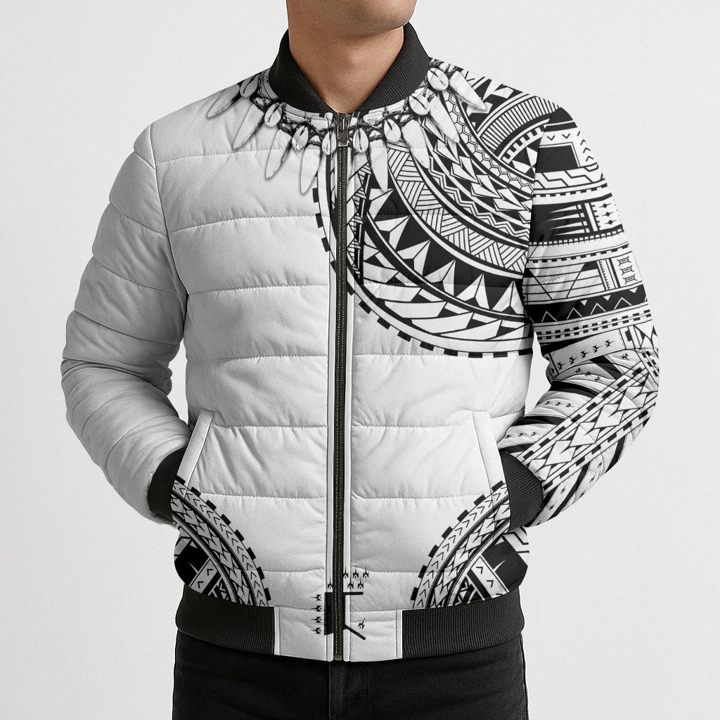 Polynesian Chief Inspired Costume Bomber Puffer Jacket Tribal Pattern With Tooth Necklace White