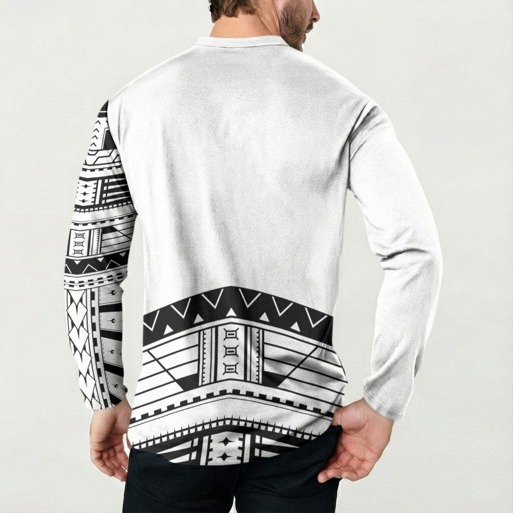 Polynesian Chief Inspired Costume Button Sweatshirt Tribal Pattern With Tooth Necklace White