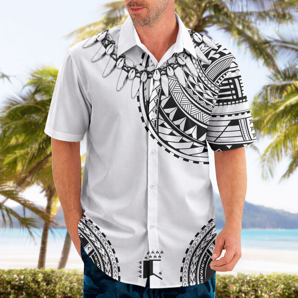 Polynesian Chief Inspired Costume Hawaiian Shirt Tribal Pattern With Tooth Necklace White
