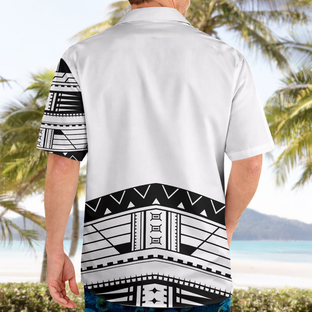 Polynesian Chief Inspired Costume Hawaiian Shirt Tribal Pattern With Tooth Necklace White