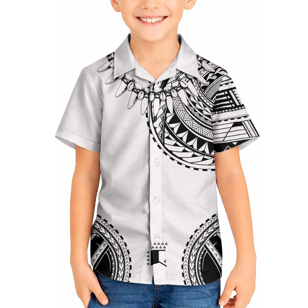 Polynesian Chief Inspired Costume Hawaiian Shirt Tribal Pattern With Tooth Necklace White