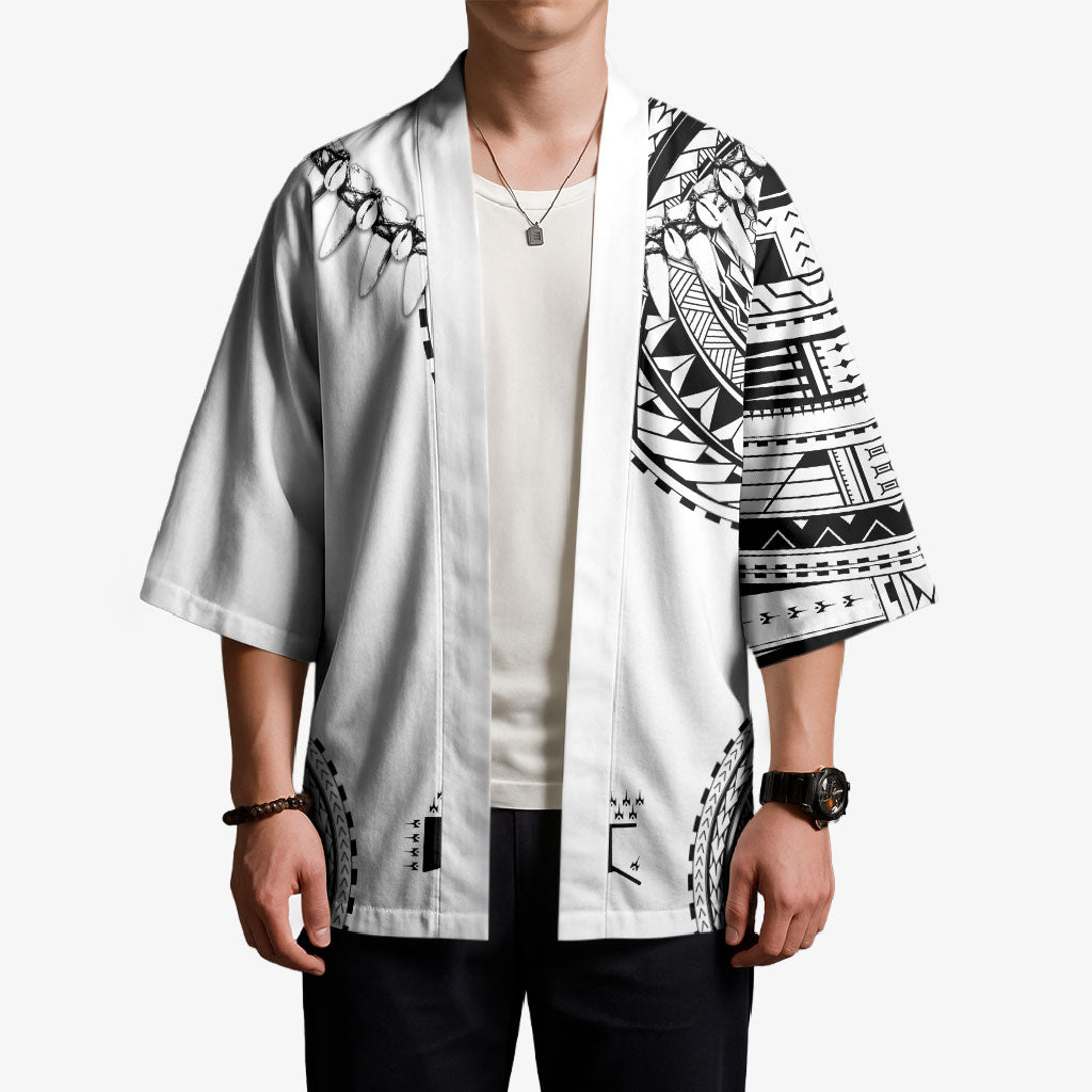 Polynesian Chief Inspired Costume Kimono Tribal Pattern With Tooth Necklace White