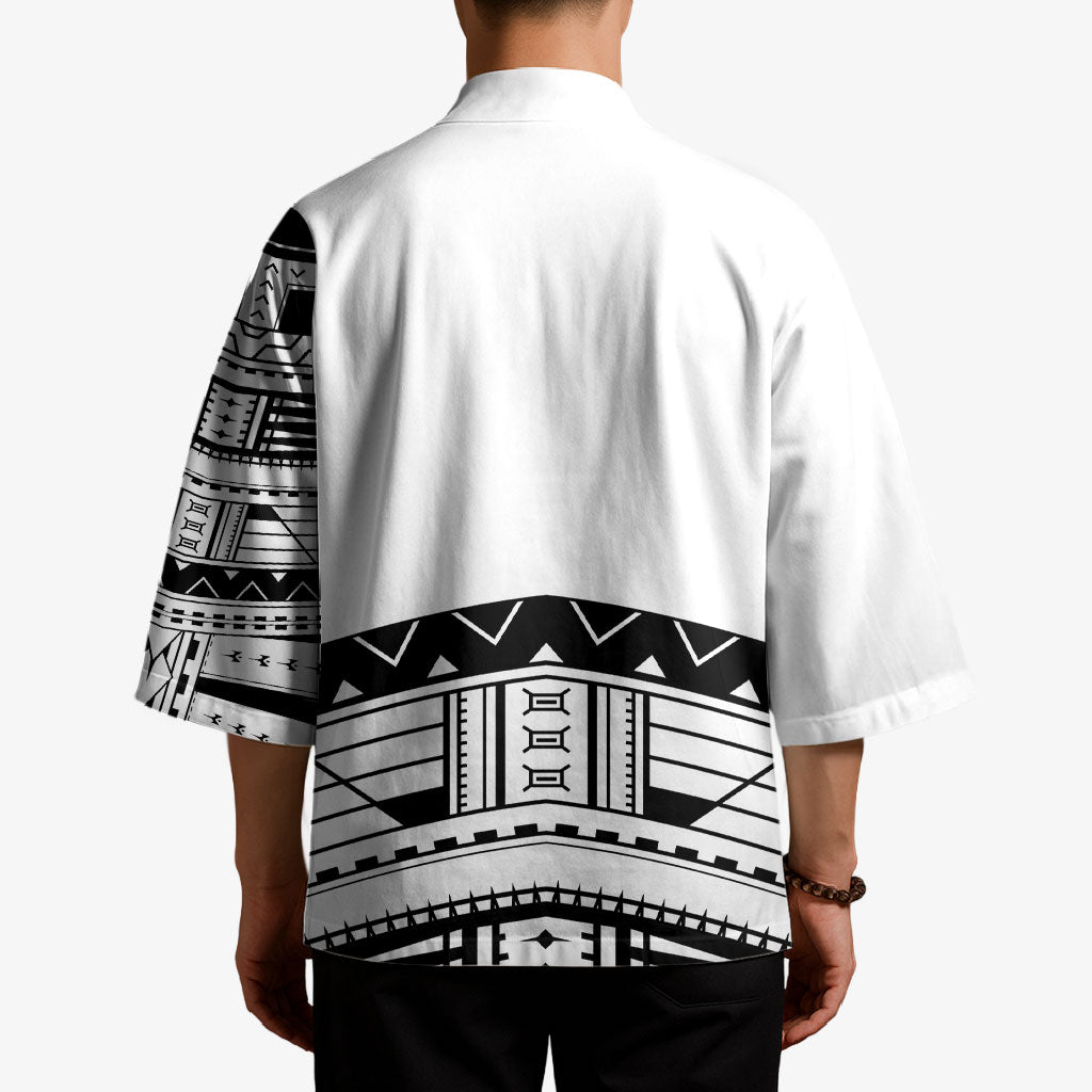 Polynesian Chief Inspired Costume Kimono Tribal Pattern With Tooth Necklace White