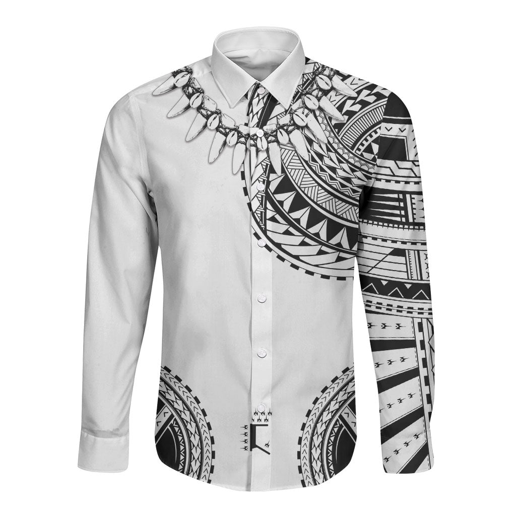Polynesian Chief Inspired Costume Long Sleeve Button Shirt Tribal Pattern With Tooth Necklace White