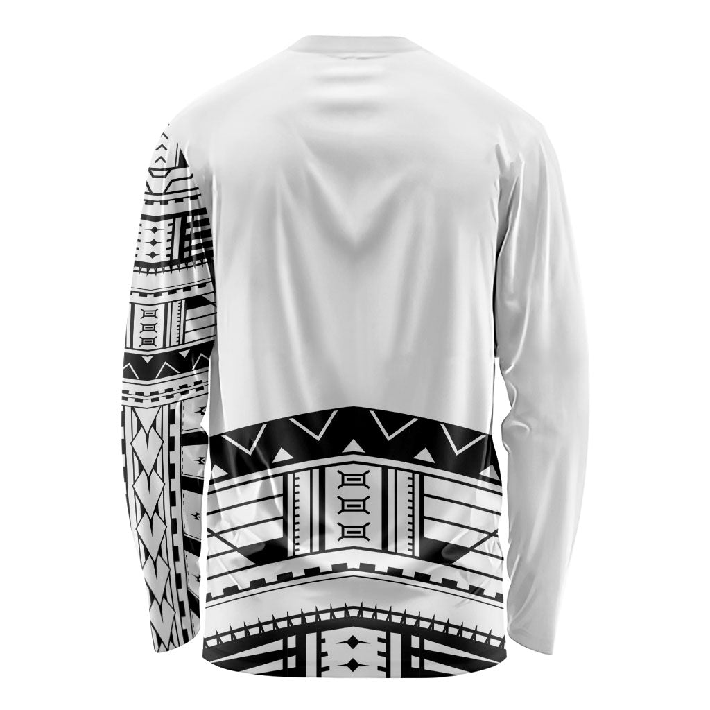 Polynesian Chief Inspired Costume Long Sleeve Shirt Tribal Pattern With Tooth Necklace White