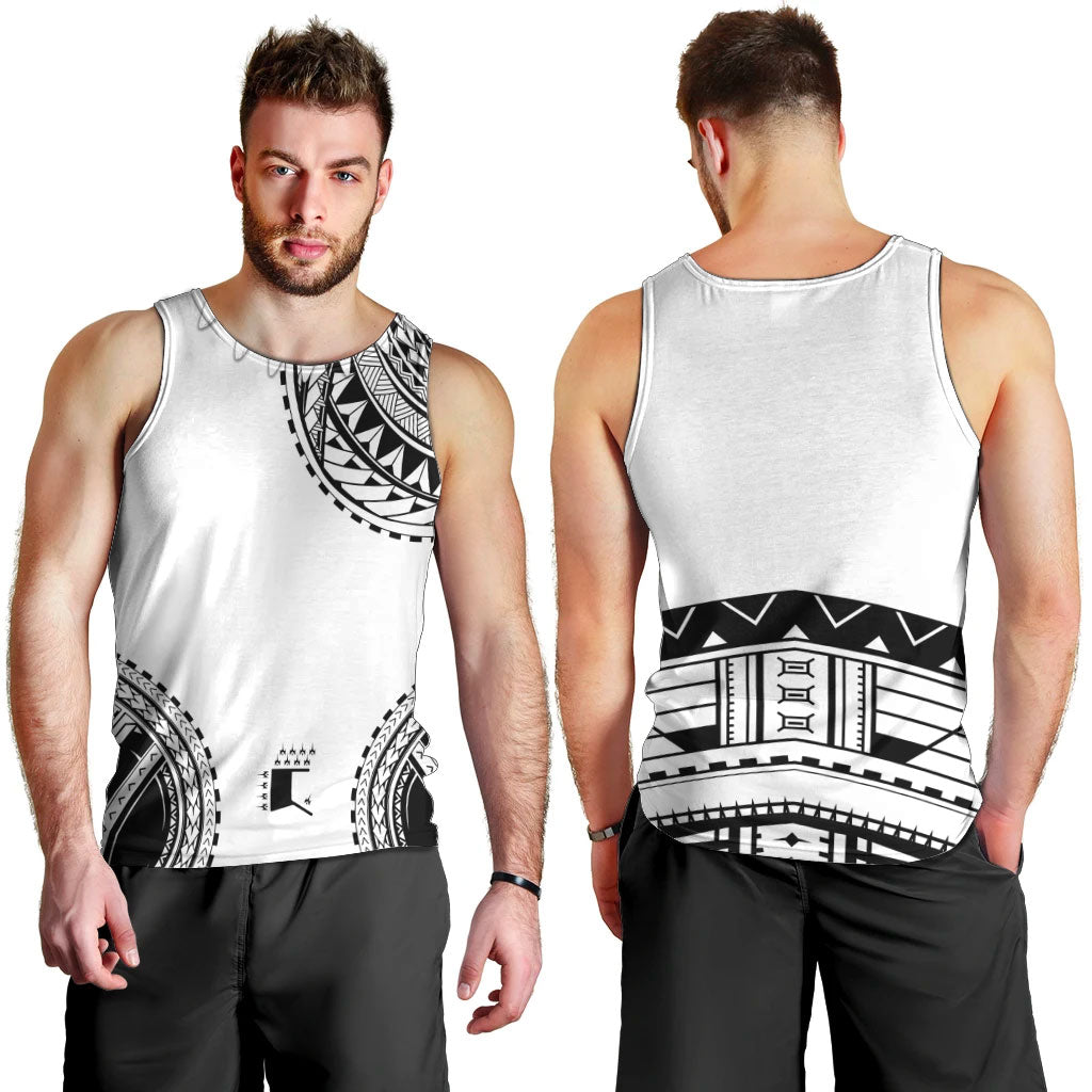 Polynesian Chief Inspired Costume Men Tank Top Tribal Pattern With Tooth Necklace White