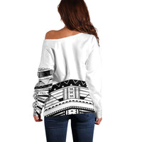 Polynesian Chief Inspired Costume Off Shoulder Sweater Tribal Pattern With Tooth Necklace White