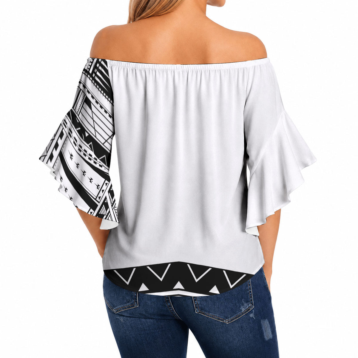 Polynesian Chief Inspired Costume Off Shoulder Wrap Waist Top Tribal Pattern With Tooth Necklace White