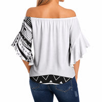 Polynesian Chief Inspired Costume Off Shoulder Wrap Waist Top Tribal Pattern With Tooth Necklace White