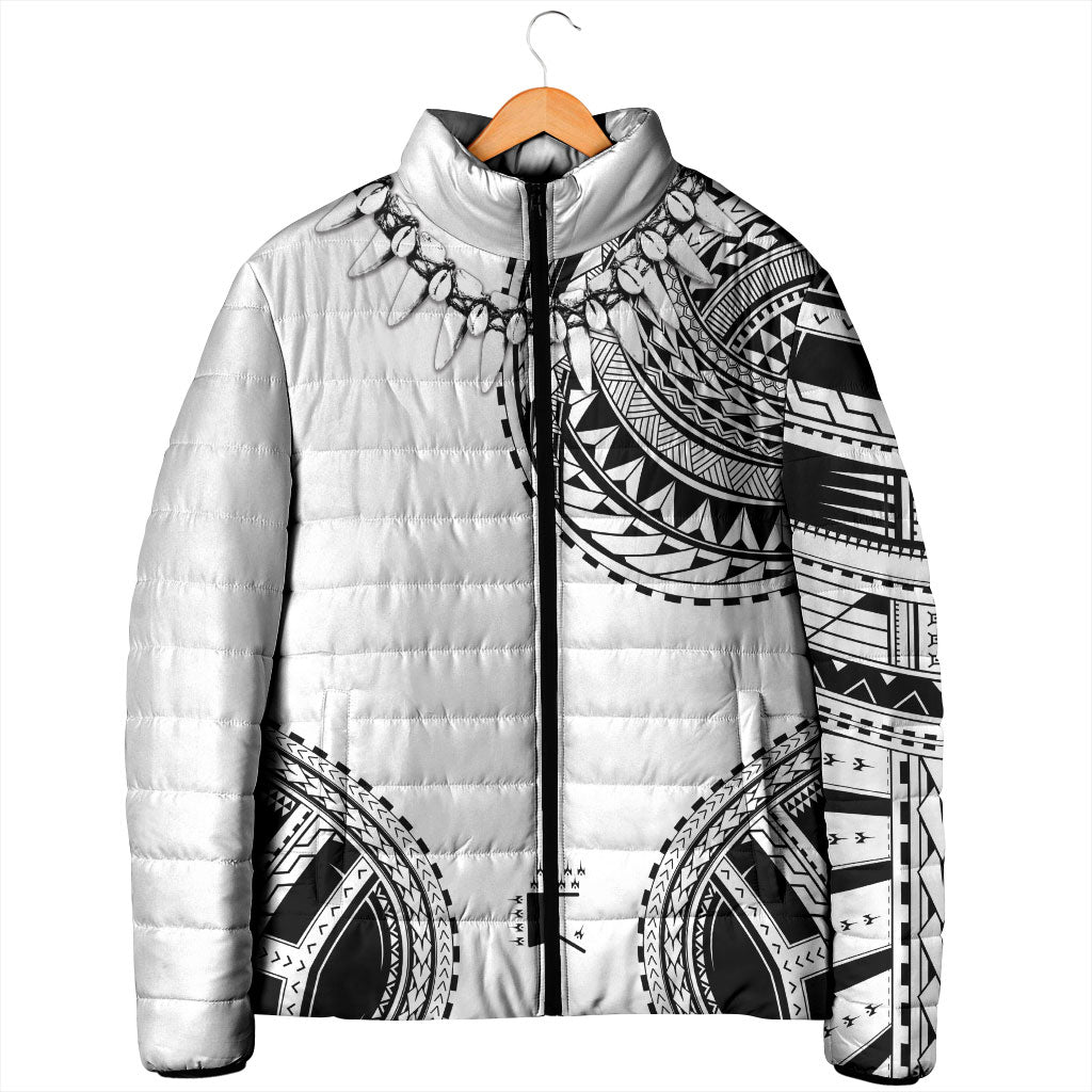 Polynesian Chief Inspired Costume Padded Jacket Tribal Pattern With Tooth Necklace White