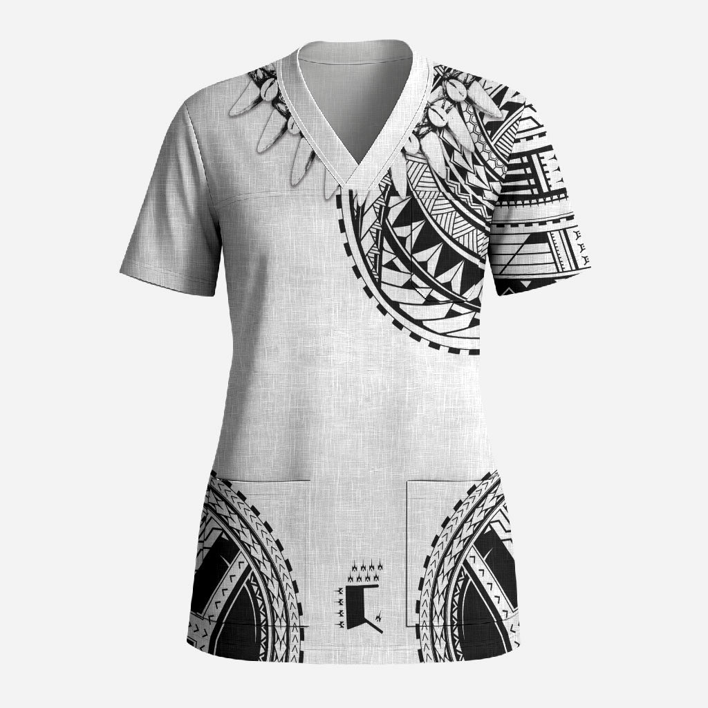 Polynesian Chief Inspired Costume Scrub Top Tribal Pattern With Tooth Necklace White