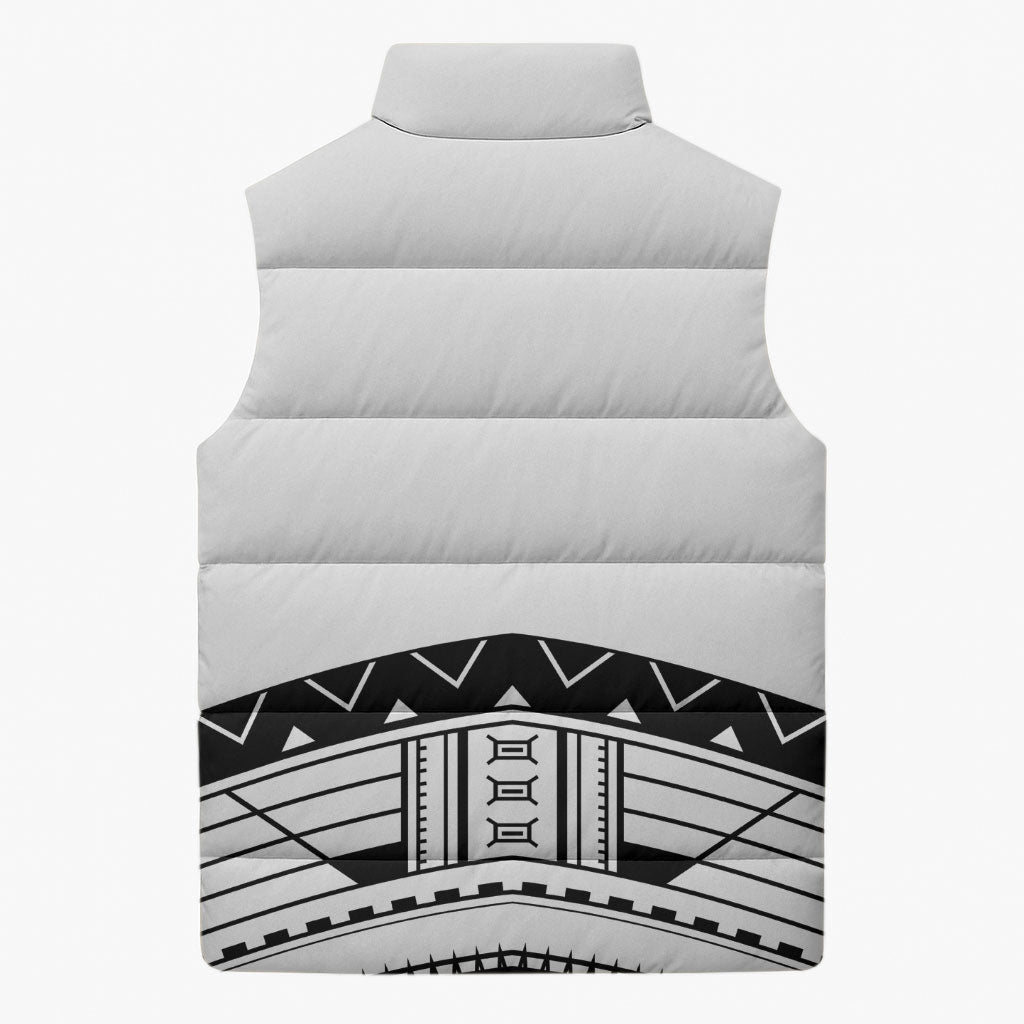 Polynesian Chief Inspired Costume Sleeveless Puffer Jacket Tribal Pattern With Tooth Necklace White