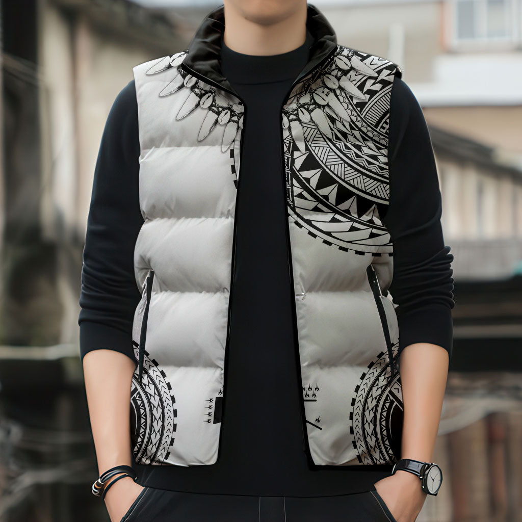 Polynesian Chief Inspired Costume Sleeveless Puffer Jacket Tribal Pattern With Tooth Necklace White