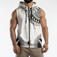 Polynesian Chief Inspired Costume Sleeveless Zip Hoodie Tribal Pattern With Tooth Necklace White