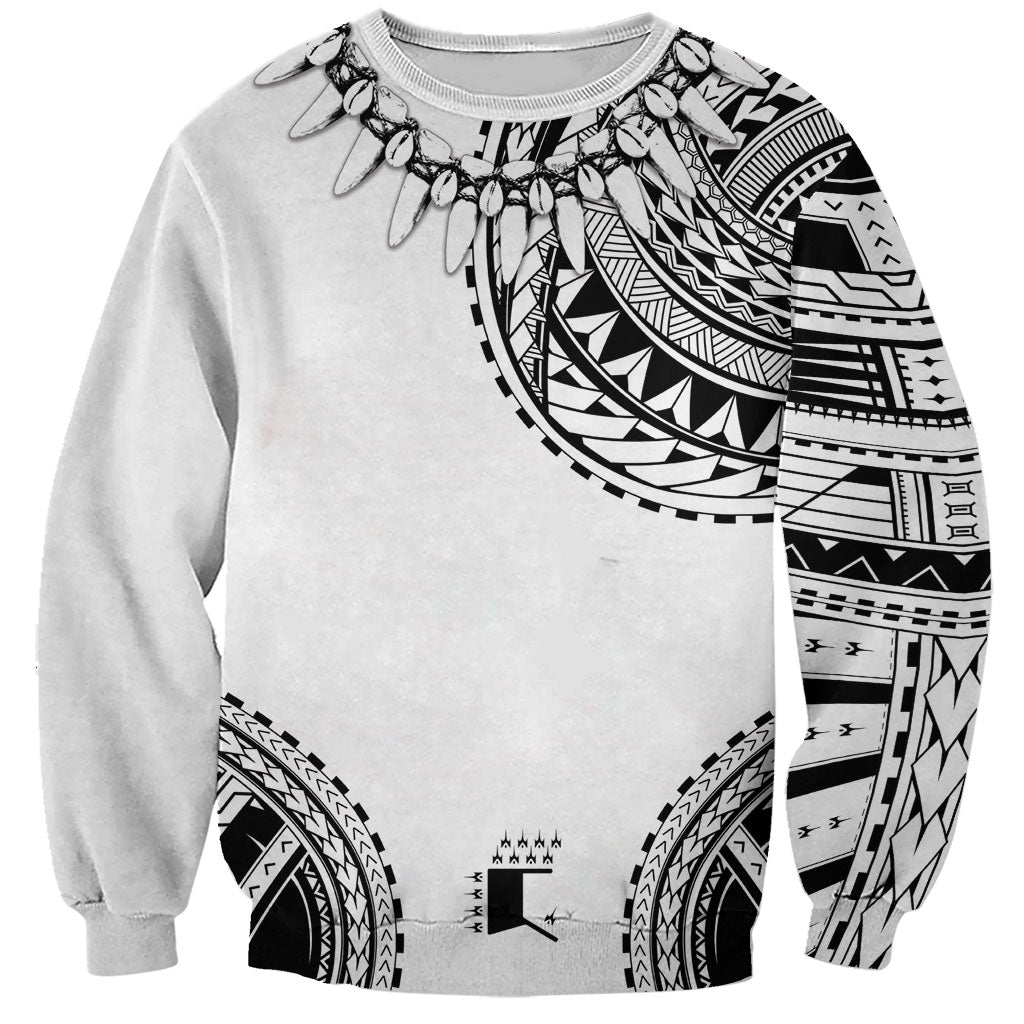 Polynesian Chief Inspired Costume Sweatshirt Tribal Pattern With Tooth Necklace White