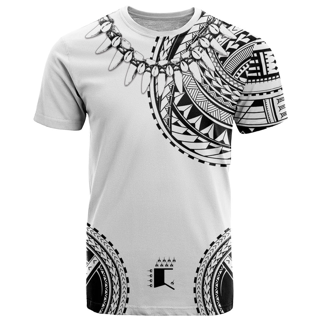 Polynesian Chief Inspired Costume T Shirt Tribal Pattern With Tooth Necklace White