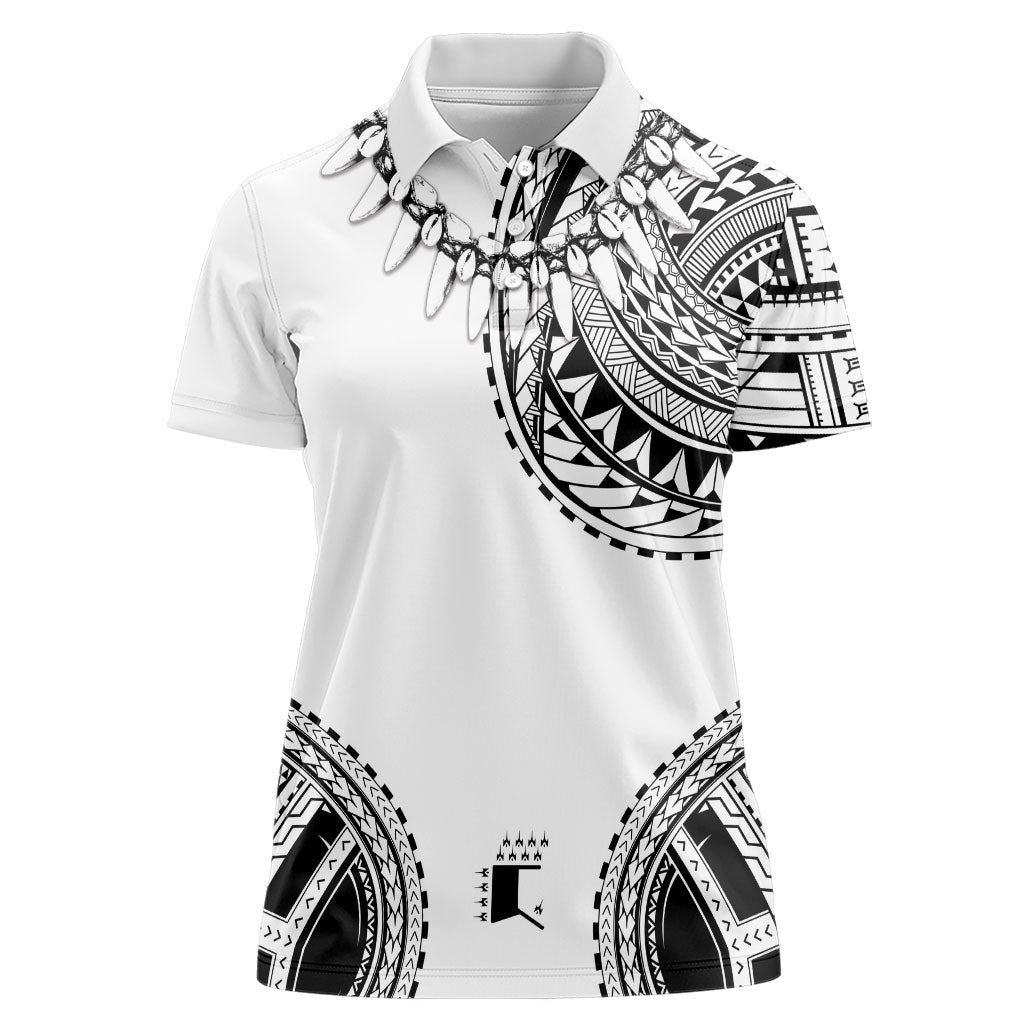 Polynesian Chief Inspired Costume Women Polo Shirt Tribal Pattern With Tooth Necklace White