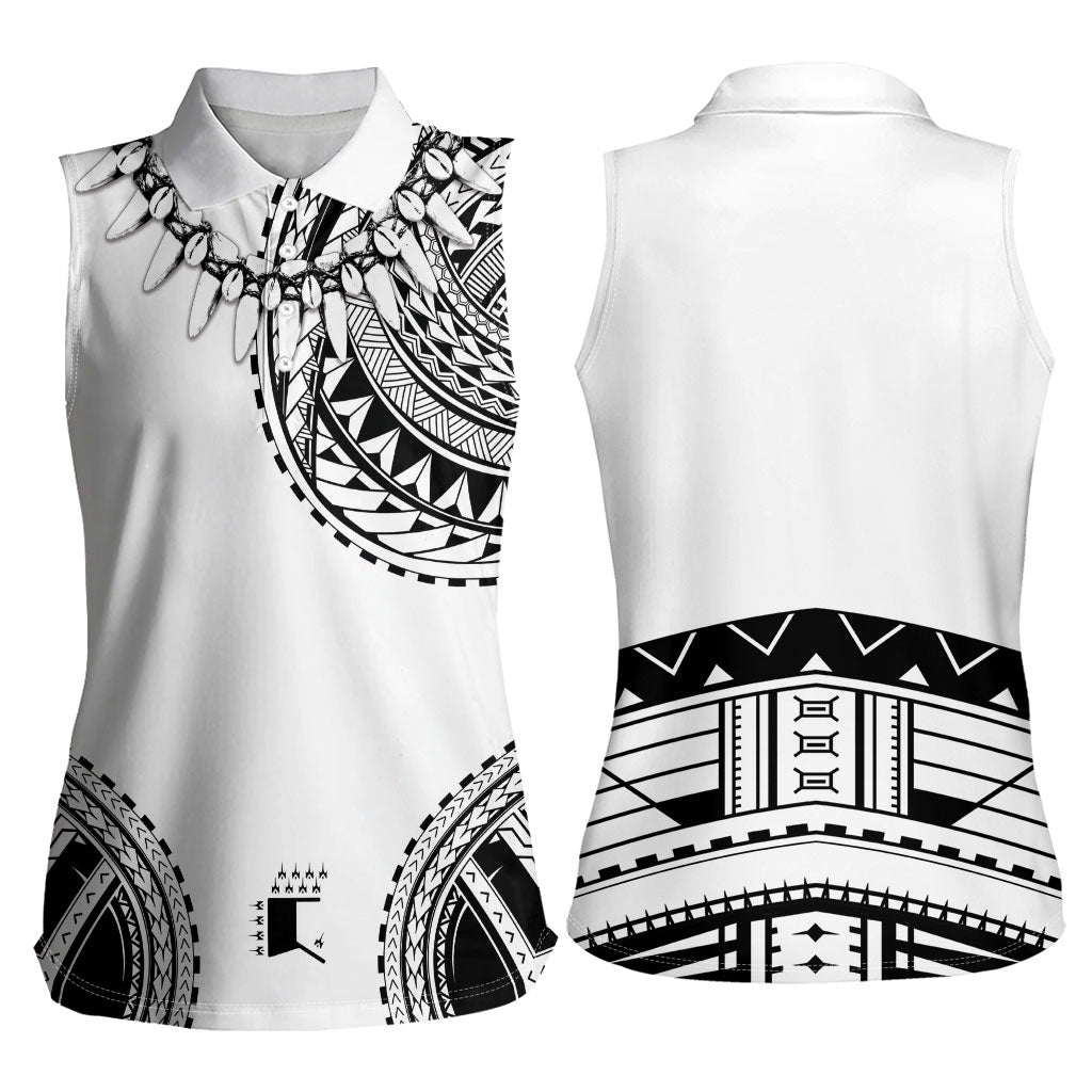Polynesian Chief Inspired Costume Women Sleeveless Polo Shirt Tribal Pattern With Tooth Necklace White
