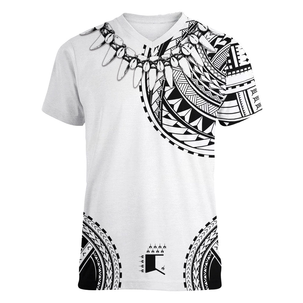 Polynesian Chief Inspired Costume Women V-Neck T-Shirt Tribal Pattern With Tooth Necklace White