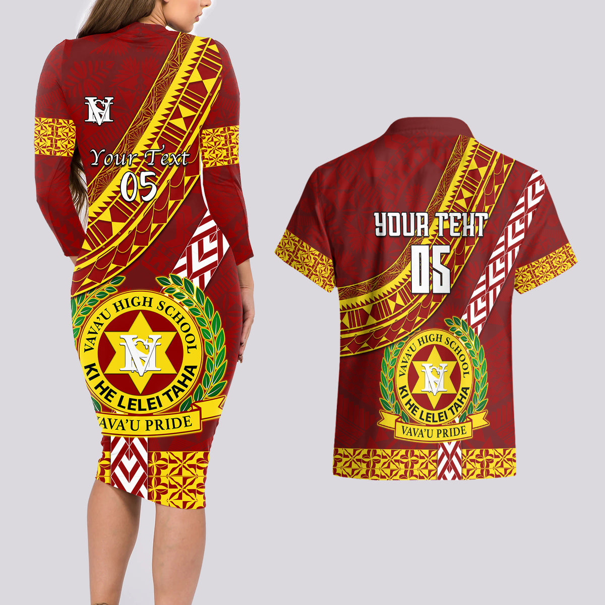 custom-vavau-high-school-couples-matching-long-sleeve-bodycon-dress-and-hawaiian-shirt-tongan-kupesi-pattern