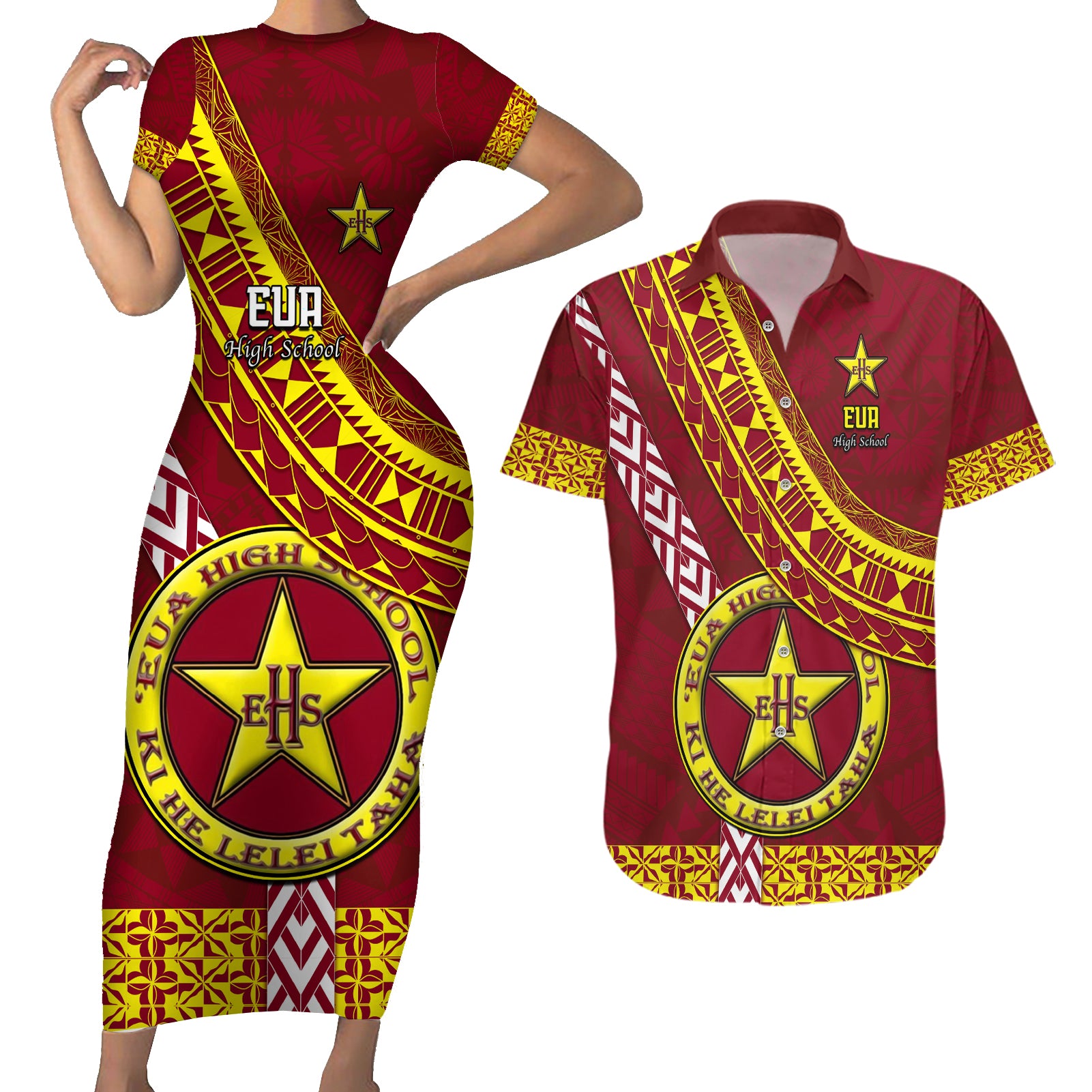 custom-eua-high-school-couples-matching-short-sleeve-bodycon-dress-and-hawaiian-shirt-tongan-kupesi-pattern