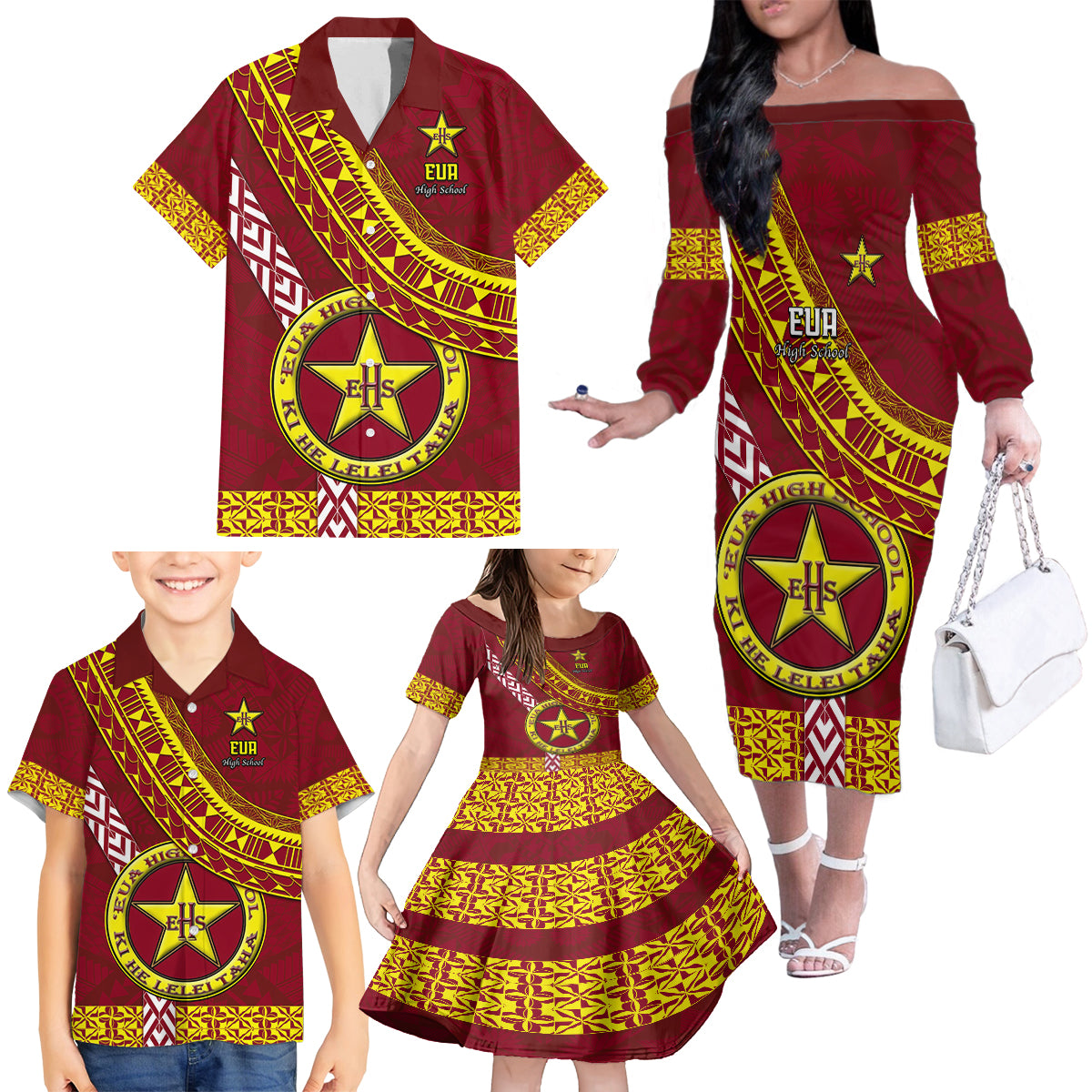 Custom Eua High School Family Matching Off Shoulder Long Sleeve Dress and Hawaiian Shirt Tongan Kupesi Pattern LT05 - Polynesian Pride