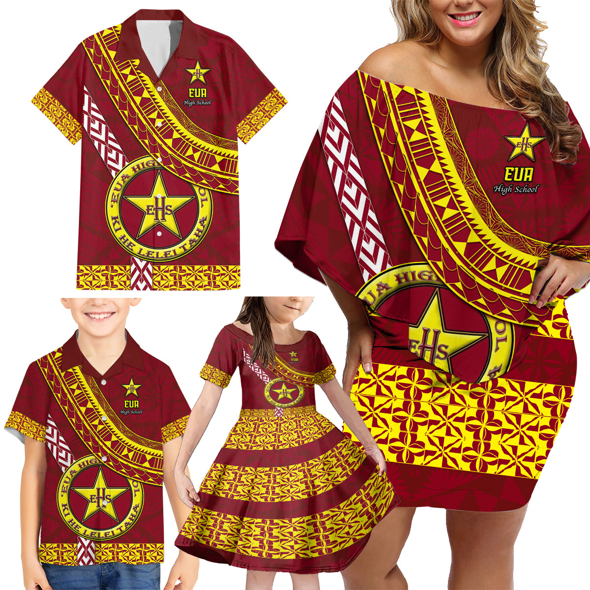 Custom Eua High School Family Matching Off Shoulder Short Dress and Hawaiian Shirt Tongan Kupesi Pattern LT05 - Polynesian Pride