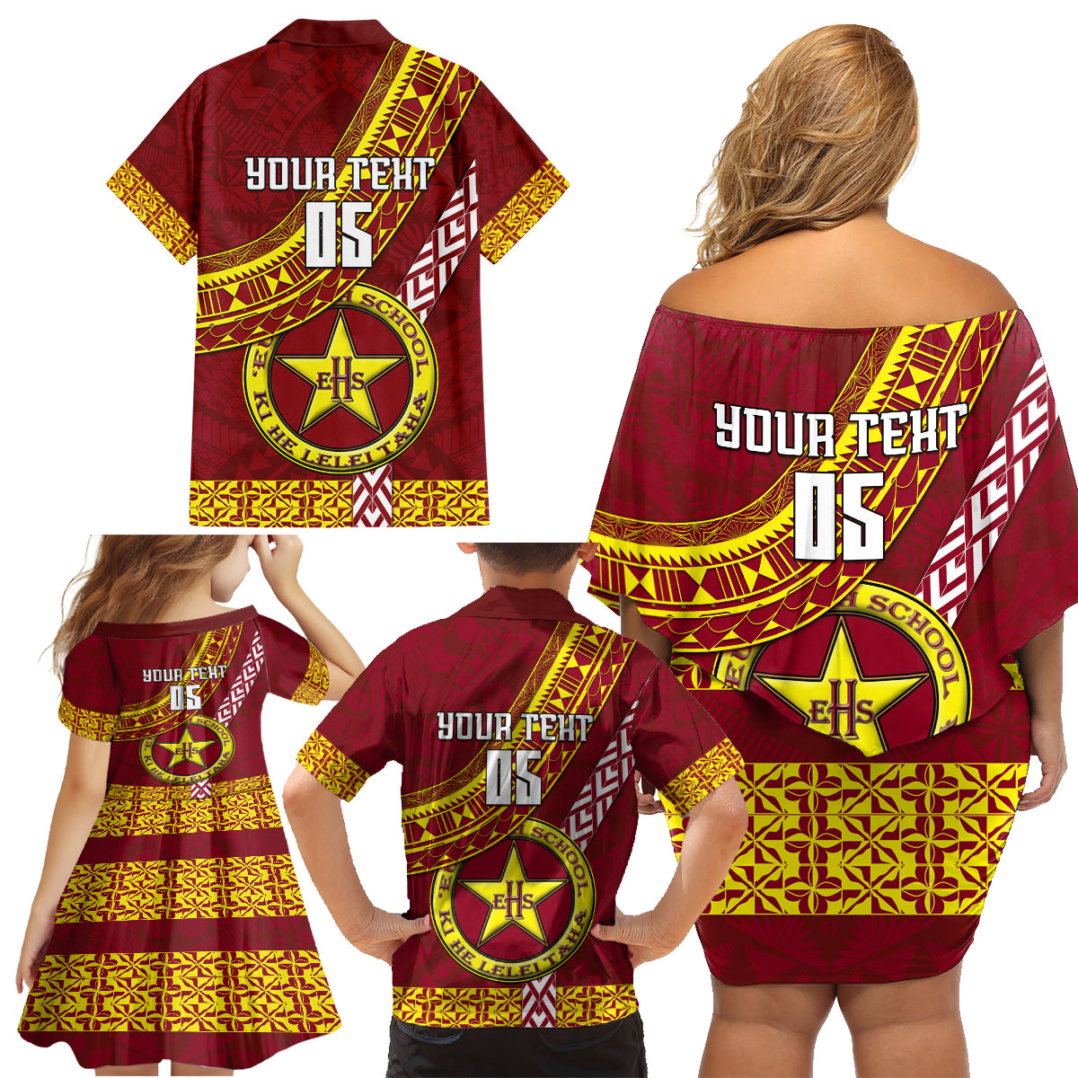 Custom Eua High School Family Matching Off Shoulder Short Dress and Hawaiian Shirt Tongan Kupesi Pattern LT05 - Polynesian Pride