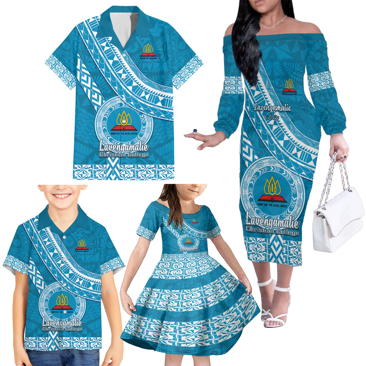 Custom Lavengamalie College Family Matching Off Shoulder Long Sleeve Dress and Hawaiian Shirt Tongan Kupesi Pattern LT05 - Polynesian Pride