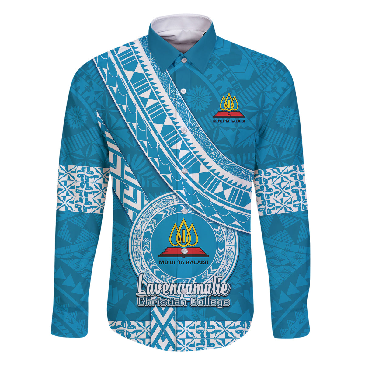 Custom Lavengamalie College Family Matching Off Shoulder Long Sleeve Dress and Hawaiian Shirt Tongan Kupesi Pattern LT05 Dad's Shirt - Long Sleeve Blue - Polynesian Pride