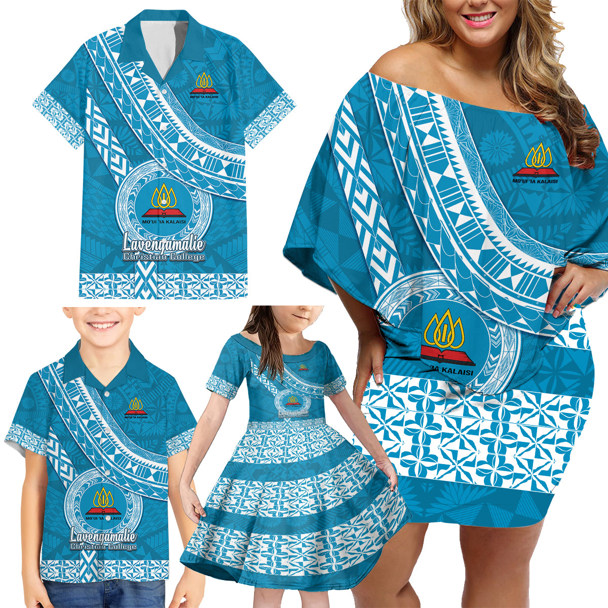 Custom Lavengamalie College Family Matching Off Shoulder Short Dress and Hawaiian Shirt Tongan Kupesi Pattern LT05 - Polynesian Pride