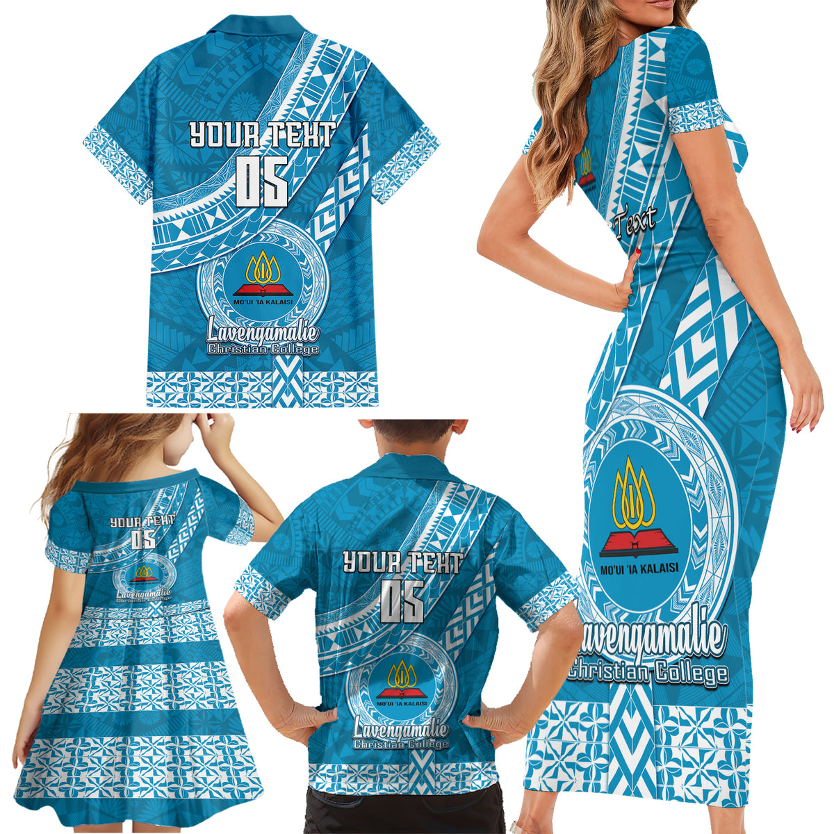 Custom Lavengamalie College Family Matching Short Sleeve Bodycon Dress and Hawaiian Shirt Tongan Kupesi Pattern LT05 - Polynesian Pride