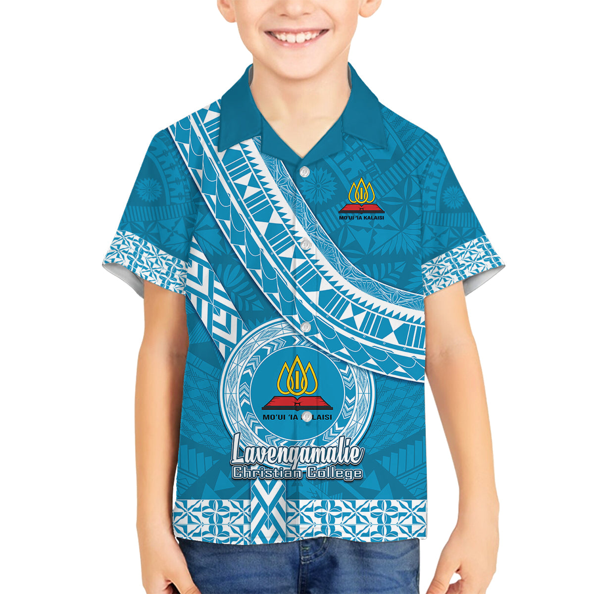 Custom Lavengamalie College Family Matching Summer Maxi Dress and Hawaiian Shirt Tongan Kupesi Pattern LT05 Son's Shirt Blue - Polynesian Pride