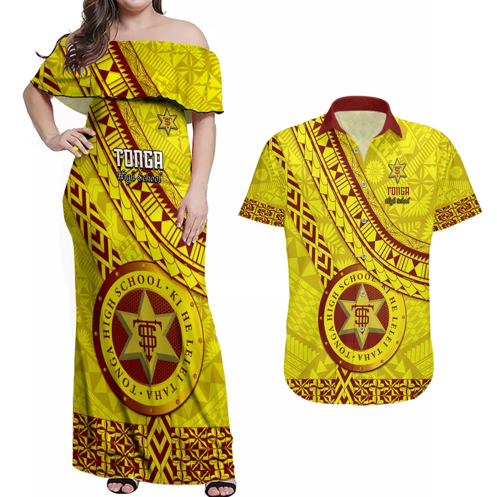 custom-tonga-high-school-couples-matching-off-shoulder-maxi-dress-and-hawaiian-shirt-tongan-kupesi-pattern