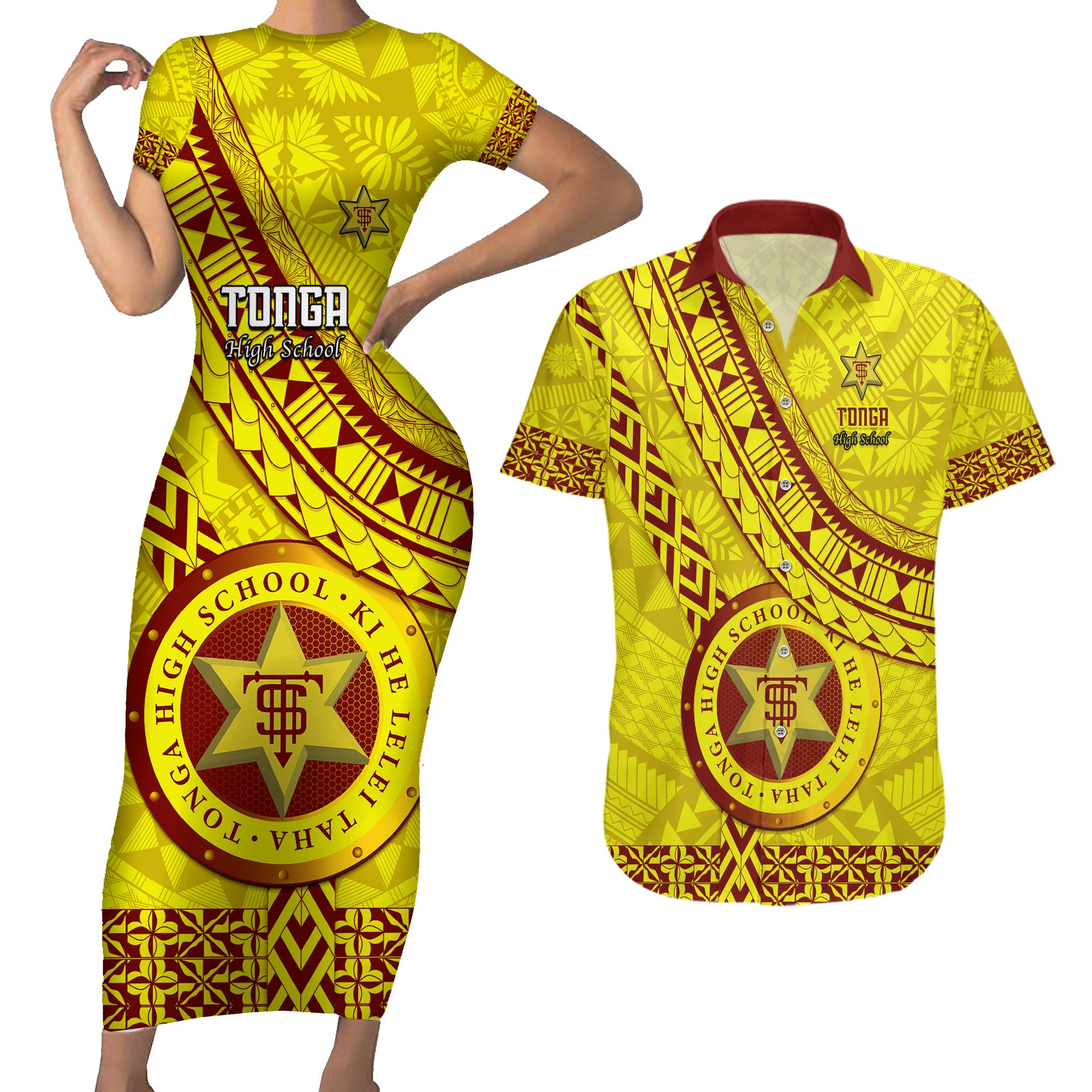 custom-tonga-high-school-couples-matching-short-sleeve-bodycon-dress-and-hawaiian-shirt-tongan-kupesi-pattern