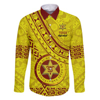 Custom Tonga High School Family Matching Off Shoulder Maxi Dress and Hawaiian Shirt Tongan Kupesi Pattern LT05 Dad's Shirt - Long Sleeve Yellow - Polynesian Pride