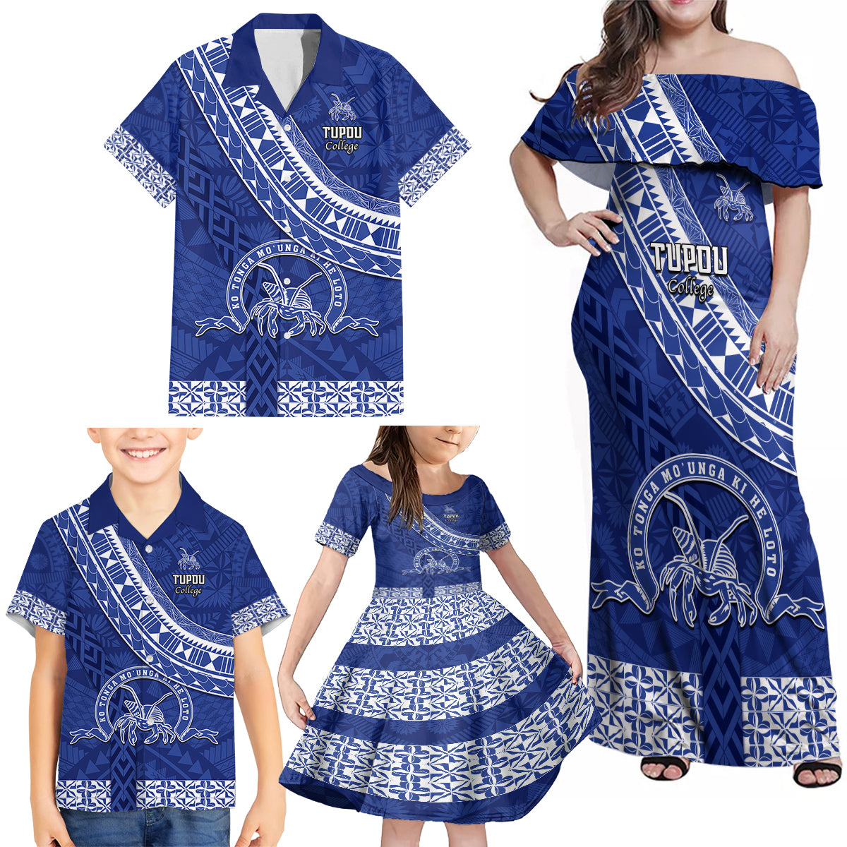 Custom Tupou College Family Matching Off Shoulder Maxi Dress and Hawaiian Shirt Tongan Kupesi Pattern LT05 - Polynesian Pride