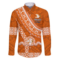 Custom Tailulu College Family Matching Mermaid Dress and Hawaiian Shirt Tongan Kupesi Pattern LT05 Dad's Shirt - Long Sleeve Orange - Polynesian Pride